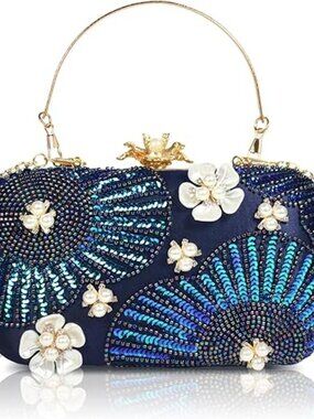 Pearl Beaded Clutch Women Sequin Floral Evening Bag Chain Strap Purse